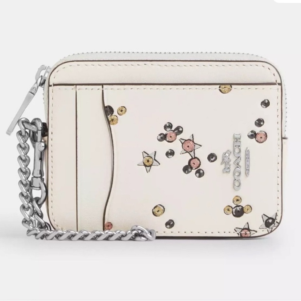 Coach Star Card Holder with Chain - Cream and Brown